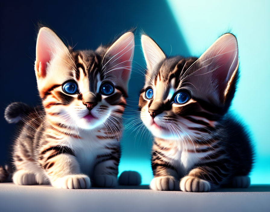 Adorable Kittens with Blue Eyes and Striped Fur in Blue Light