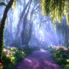 Sunlit Forest with Purple Flowers, Green Trees, and Misty Rays