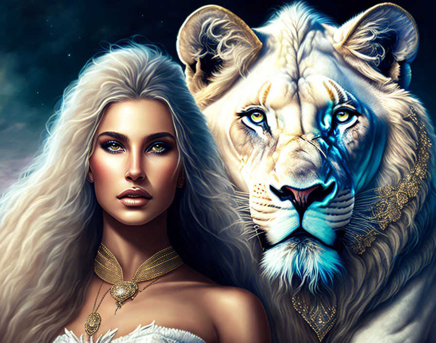 Digital artwork of woman and white lion under starry sky