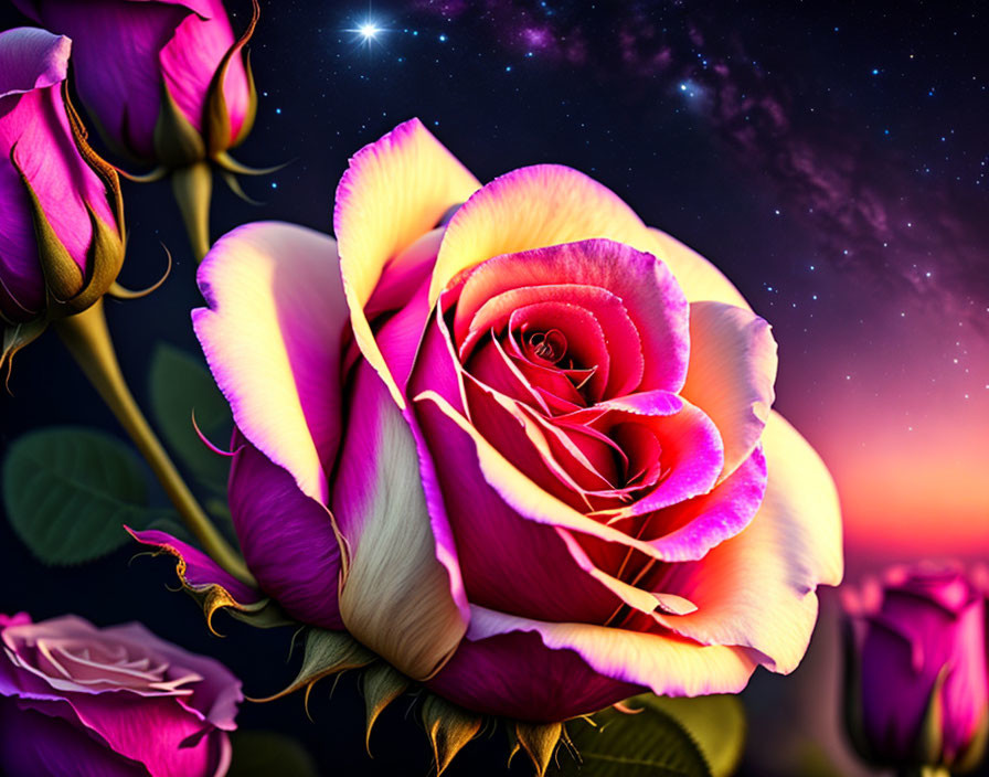 Colorful rose on cosmic background with stars and galaxy.