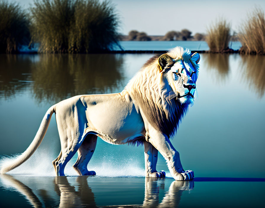 White lion with light blue mane walking in shallow water with trees and blue sky.