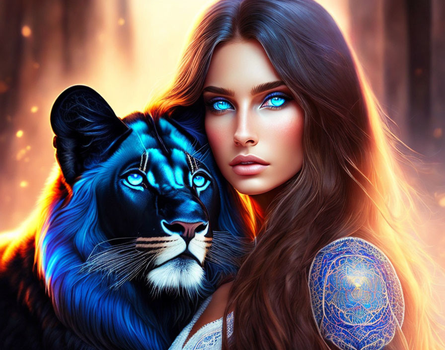 Digital artwork: Woman with blue eyes & long hair next to black panther in mystical setting