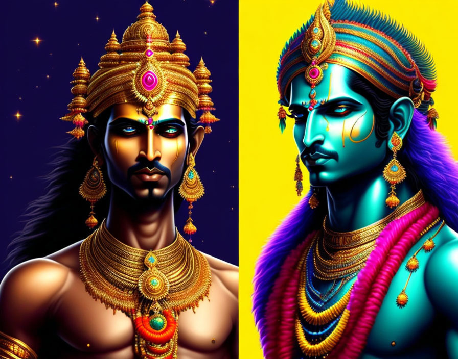 Colorful digital artwork: Two figures with ornate headdresses and jewelry on starry background