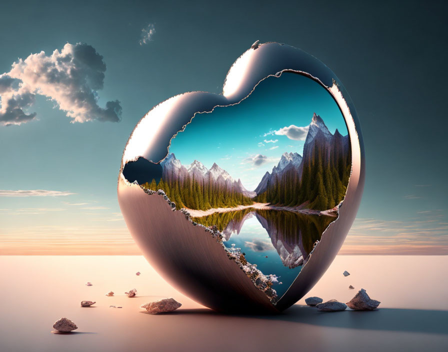 Heart-shaped object with mountain reflection in serene lake landscape