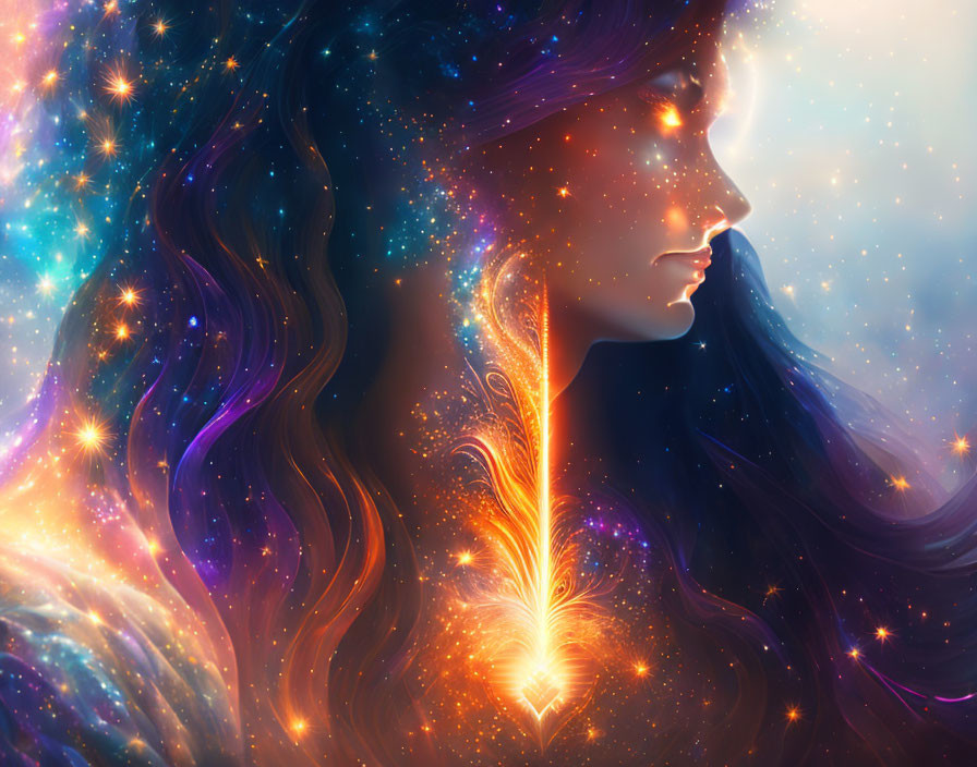 Digital artwork: Woman's profile merges with cosmic backdrop of stars, nebulas, and glowing elements