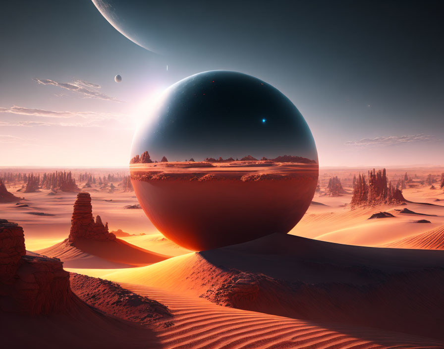 Surreal desert landscape with reflective spheres and distant planets in warm tones