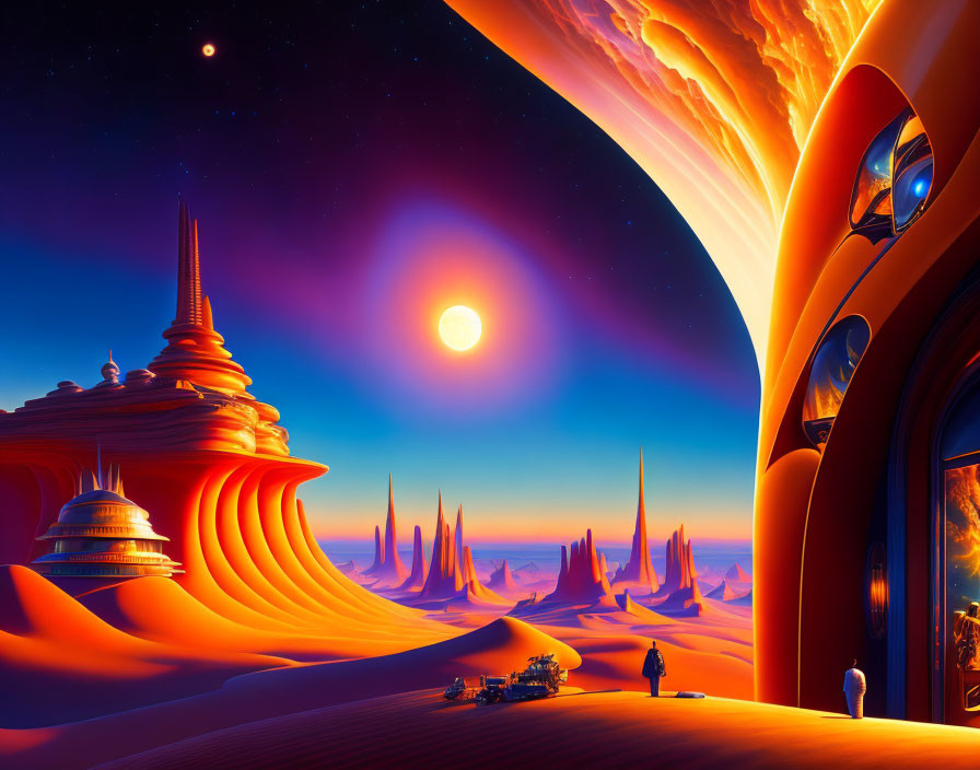 Futuristic sci-fi landscape with ringed planet, orange hues, explorers, and dunes