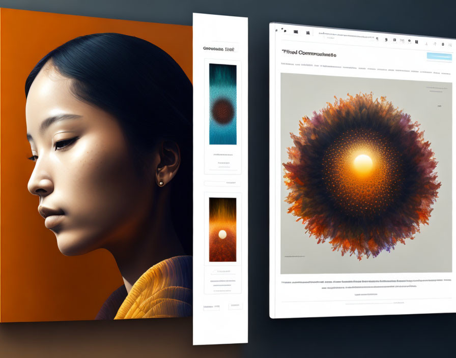 Dark-haired woman profile, sun digital art, UI design layout summary.