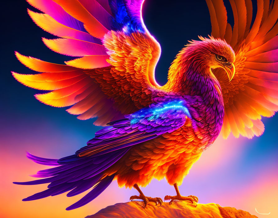 Colorful digital art: Eagle with spread wings in fiery orange to purple gradient against vivid dusk sky