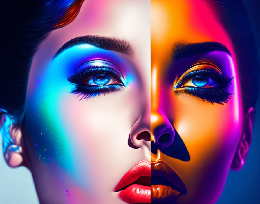 Woman's Face Split in Two Halves with Cool Blue and Warm Orange Tones and Detailed Makeup