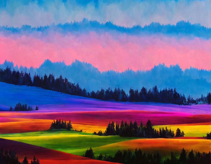 Colorful hills and silhouetted trees under a pink and blue sky