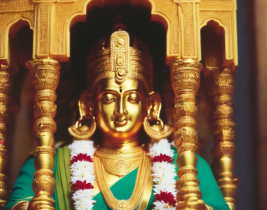 Intricate Golden Statue of Deity with Jewelry and Headdress