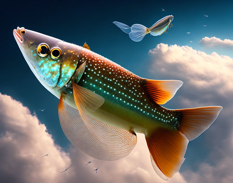 Colorful whimsical fish with large eyes flying in the sky