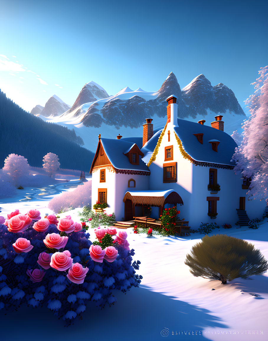 Winter scene: white cottage in snowy landscape with colorful flowers and mountains.