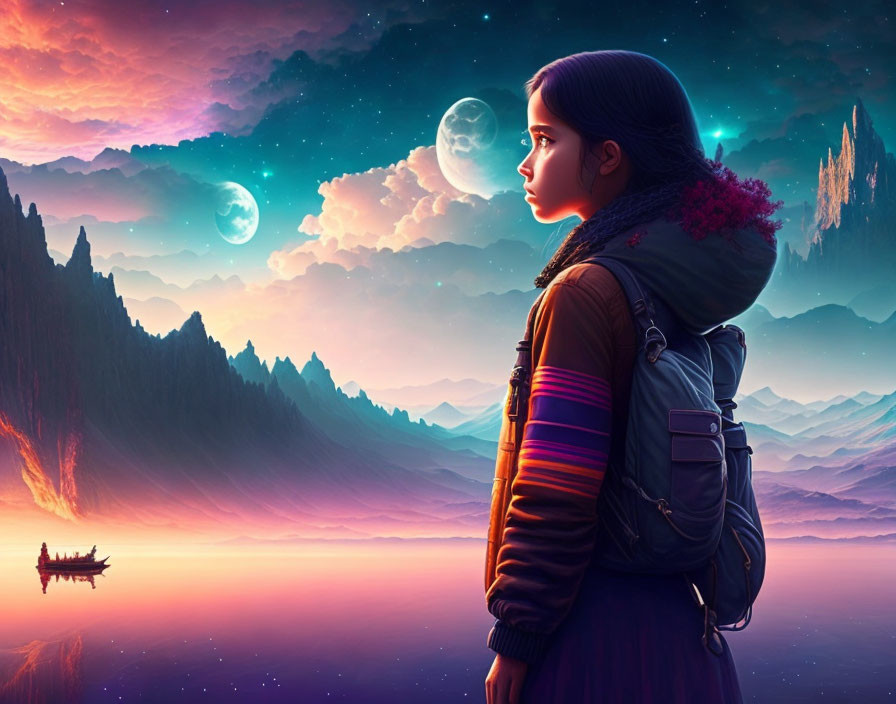 Girl with backpack in surreal purple landscape with two moons and reflective lake.