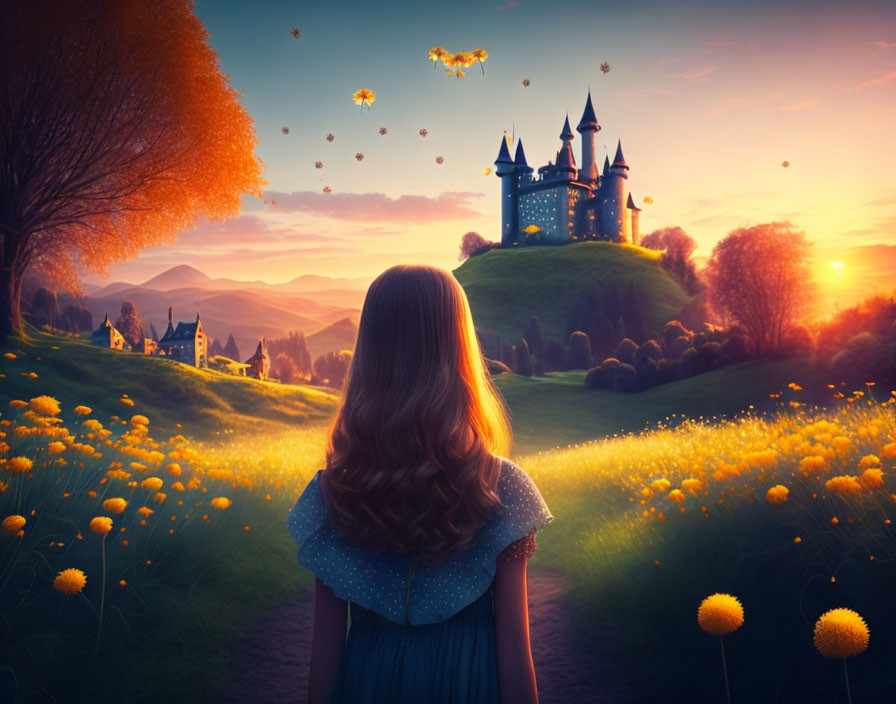 Girl with long hair admires castle on hill at sunset with path through yellow flowers