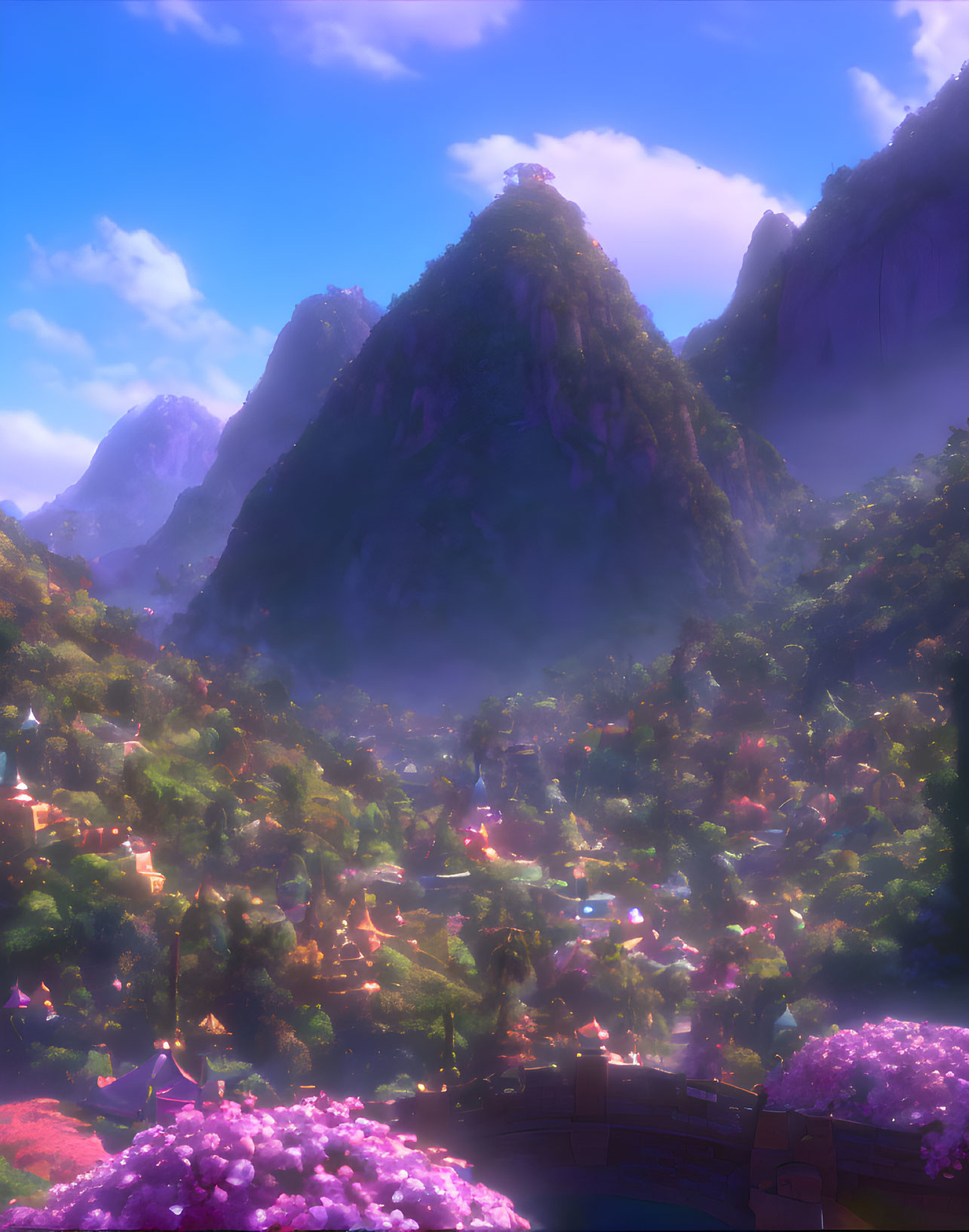 Mystical village in lush valley with purple flora and misty mountains