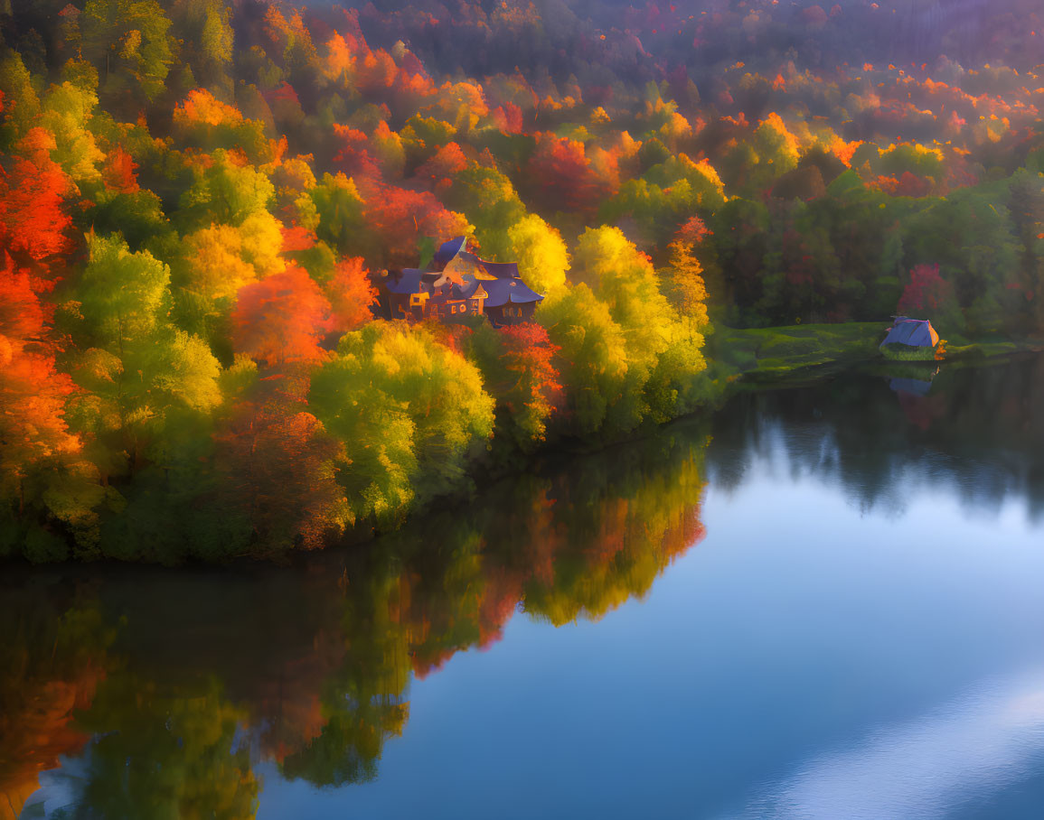 Autumn house surrounded by colorful trees and lake reflection