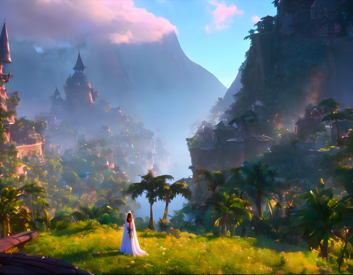 Woman in white dress gazes at fairy-tale village on grassy hill