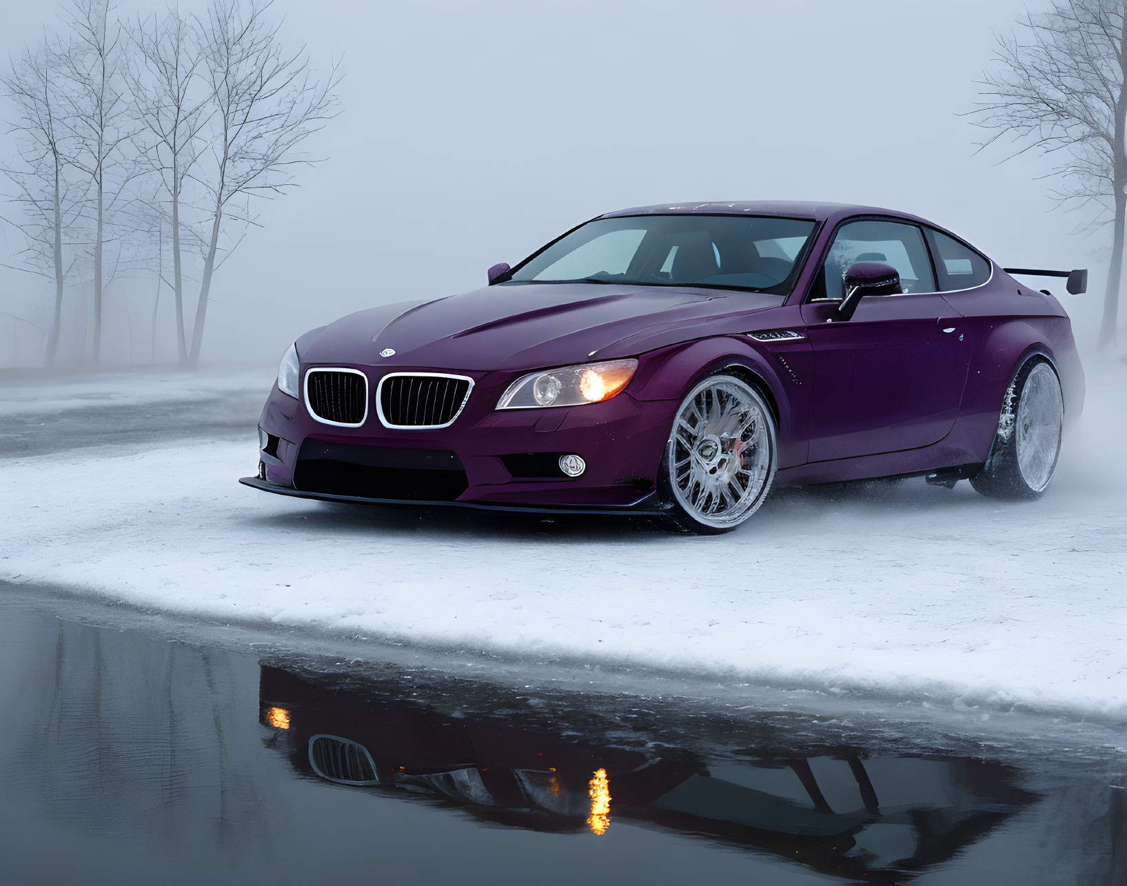 Purple BMW Z4 sports car on foggy road with trees reflected in water.