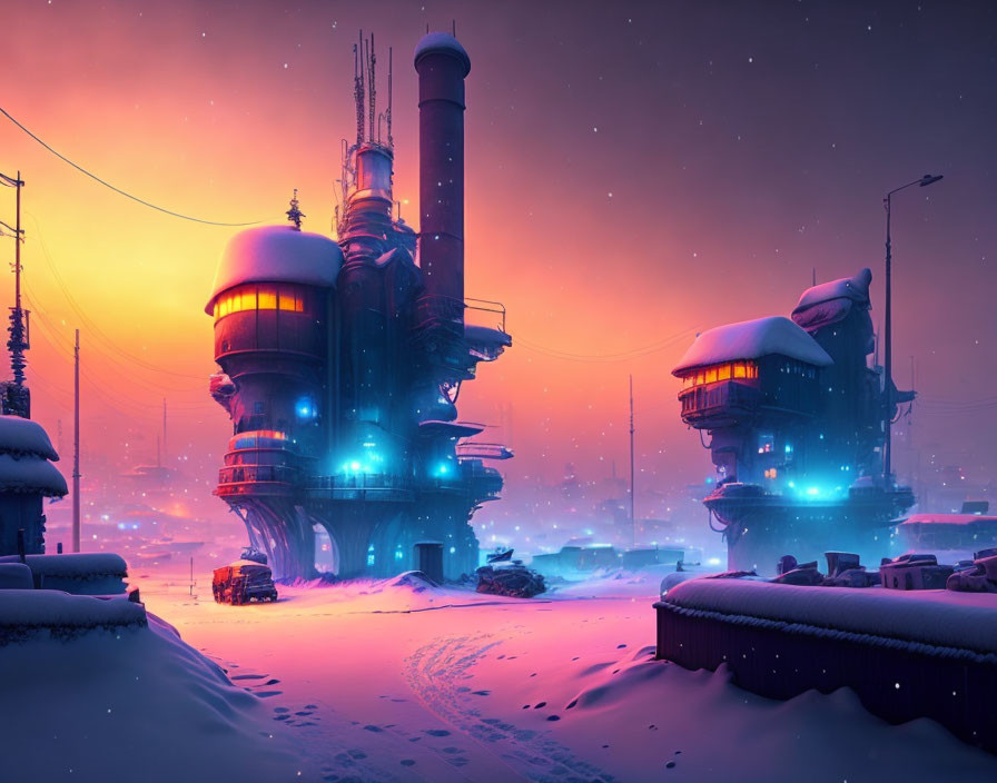 Snow-covered futuristic cityscape at twilight with glowing lights and setting sun.