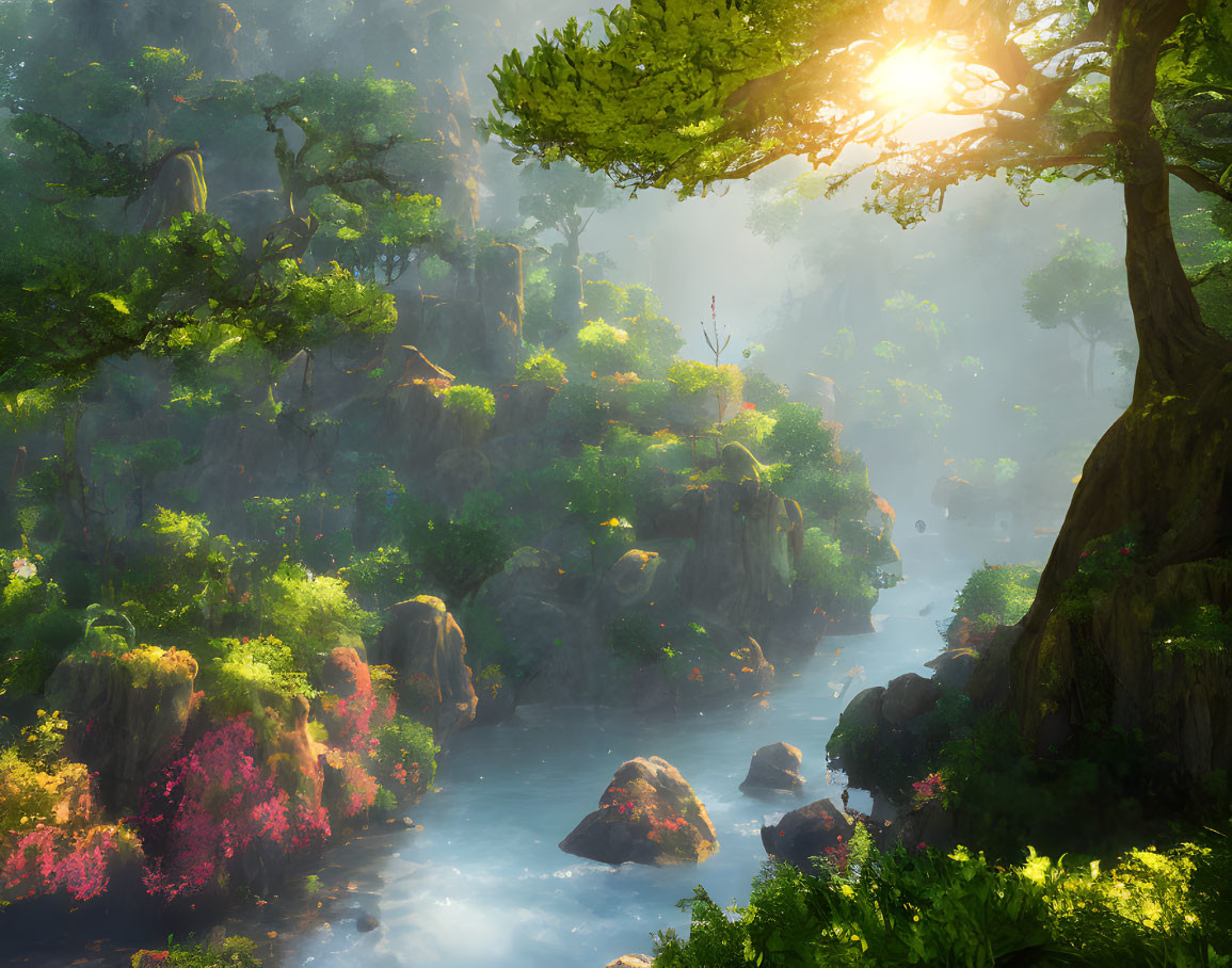 Lush fantasy forest landscape with colorful flora and mystical river