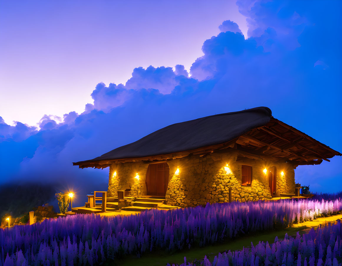 Rustic stone cottage in lavender fields at twilight