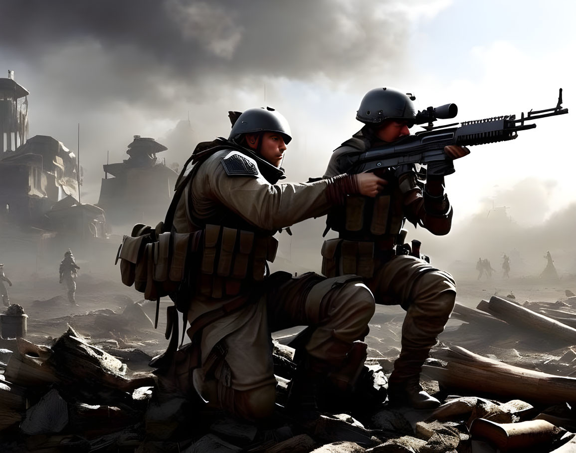 Military soldiers in combat gear defend position amid rubble and smoke.