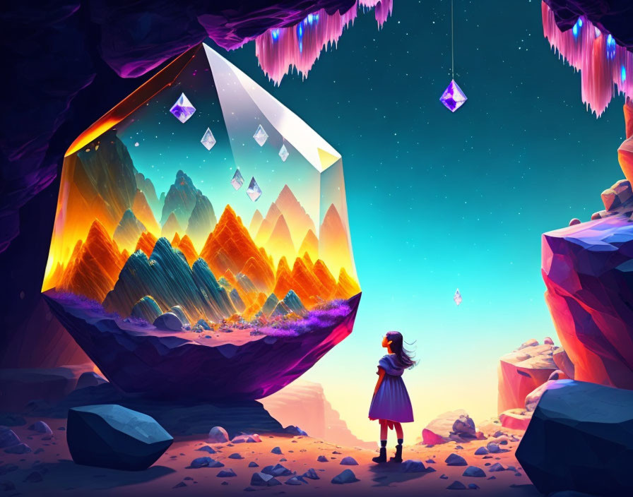 Girl gazes at vibrant crystal landscape in cave entrance.