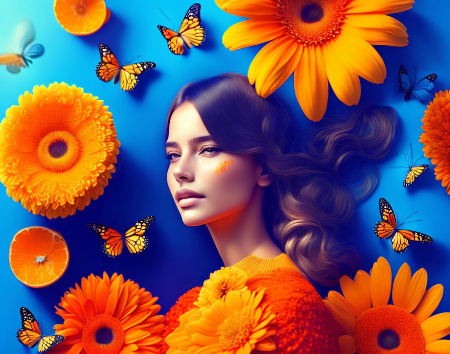 Woman in Orange Flower, Butterfly, and Citrus Scene