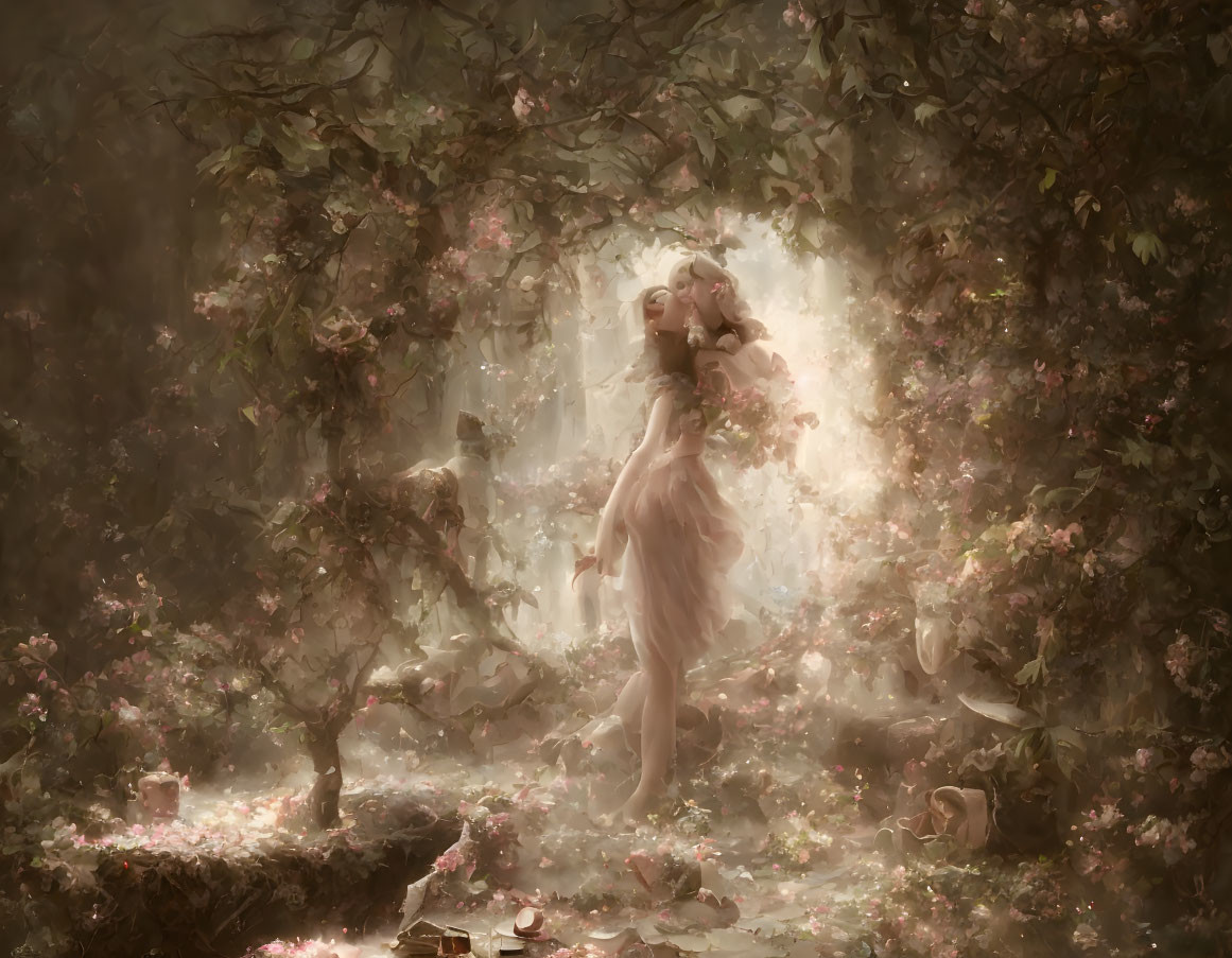 Mystical forest with woman in flowing dress, pink flowers, and deer