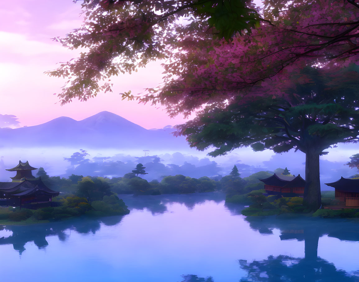 Cherry Blossoms and Mountains Reflected in Serene Lake at Dawn