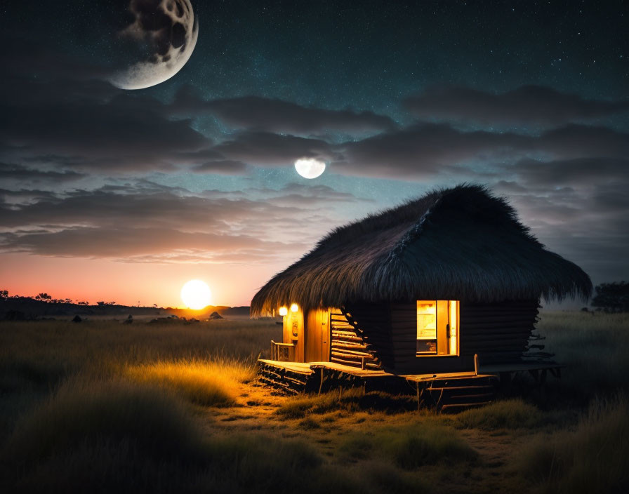 Thatched-roof hut illuminated at twilight with sunset and moon