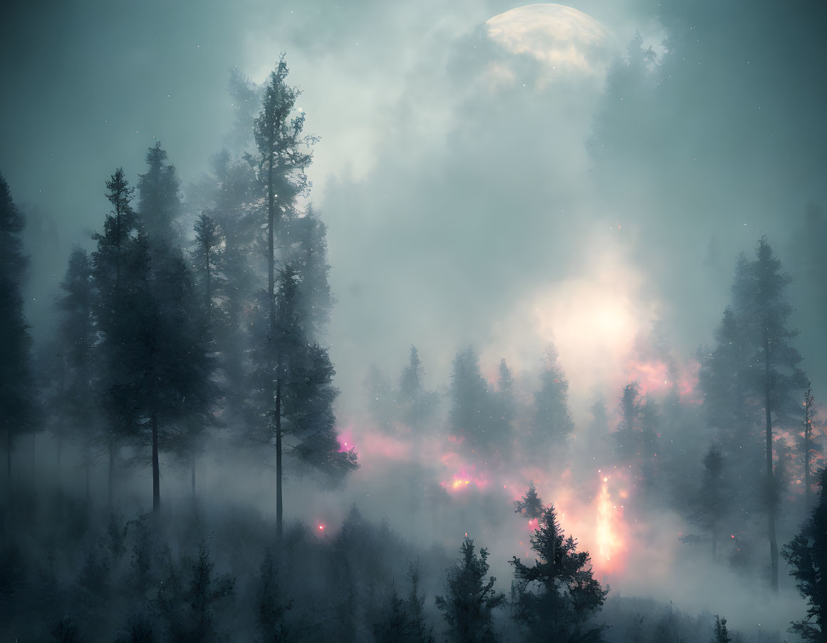 Twilight scene: Misty forest with moon, pink lights, and clouds