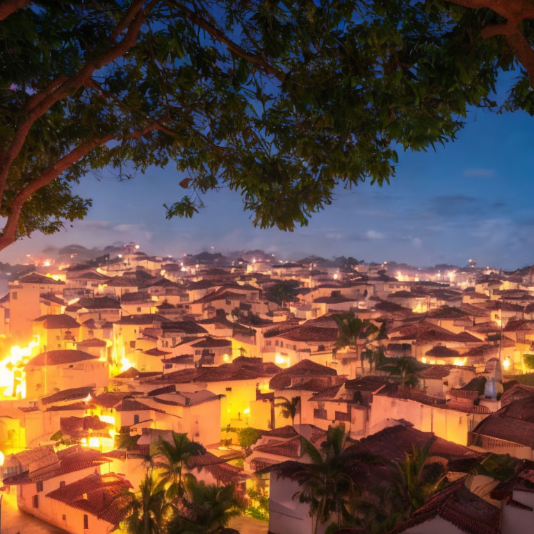 Colonial-style buildings in old city at twilight