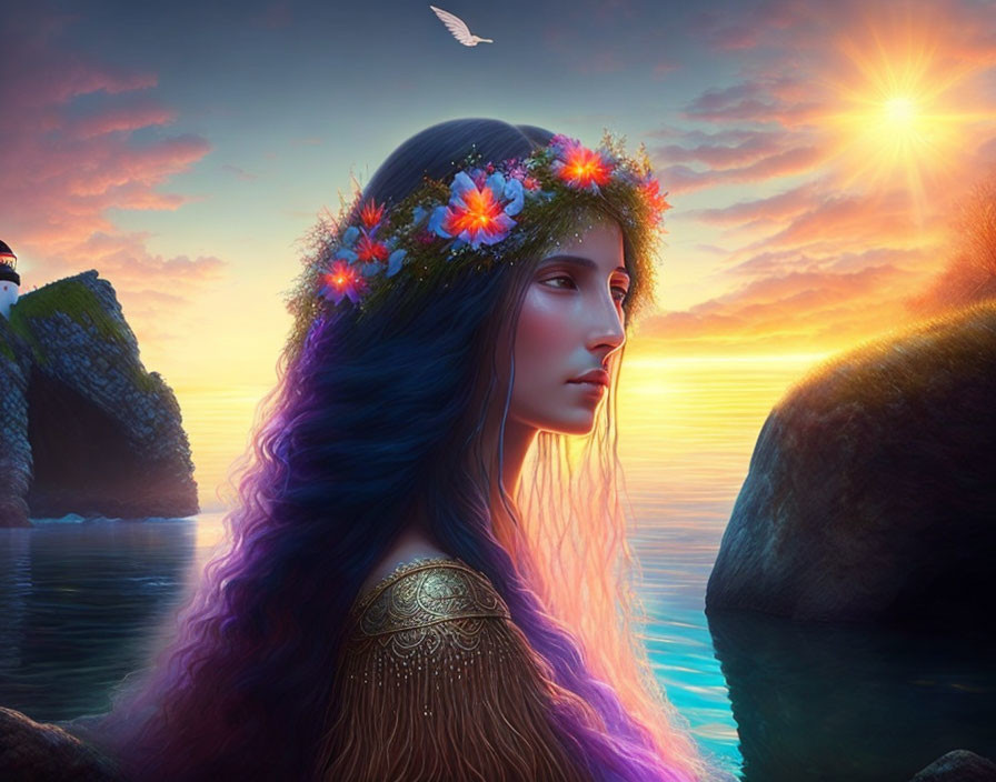 Digital Artwork: Woman with Floral Crown, Colorful Hair, Sunrise, Sea, Cliffs,