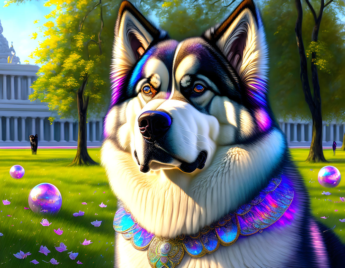 Colorful Husky Illustration with Blue Eyes and Bejeweled Necklace in Park Scene