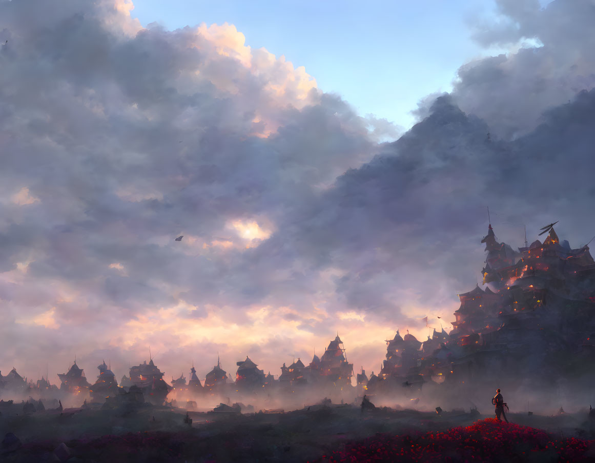 Solitary figure in red flower field gazes at misty hilltop village at dusk