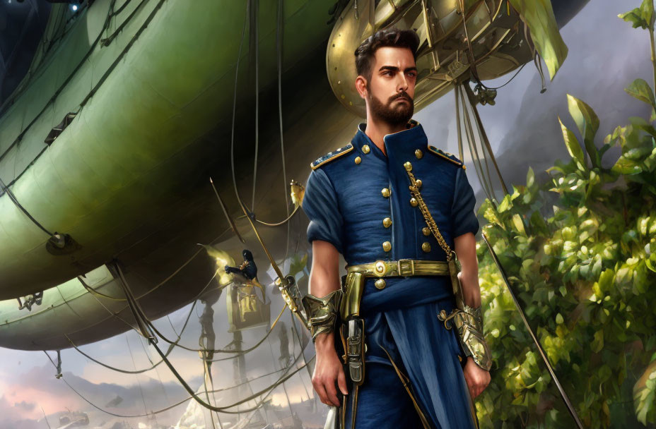 Military man in blue uniform by airship in lush landscape