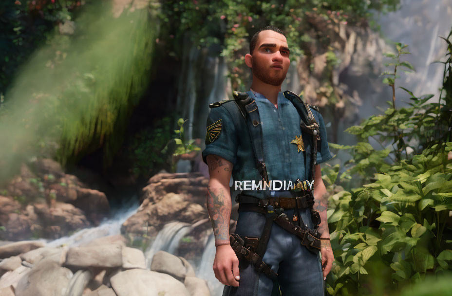 Video game character in combat gear with "REMINDIAN" patch, standing in lush landscape