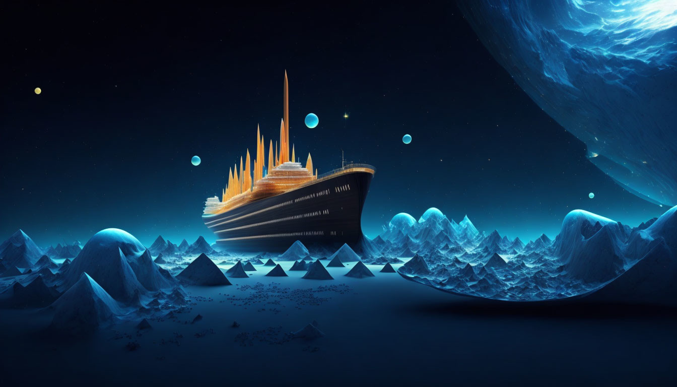 Futuristic ship over surreal icy landscape with giant planet in starry sky