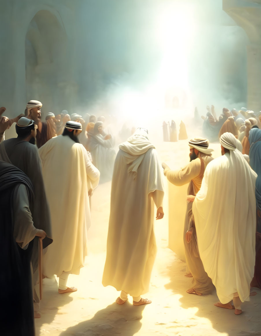 Robed figures in dusty Middle Eastern scene with bright light