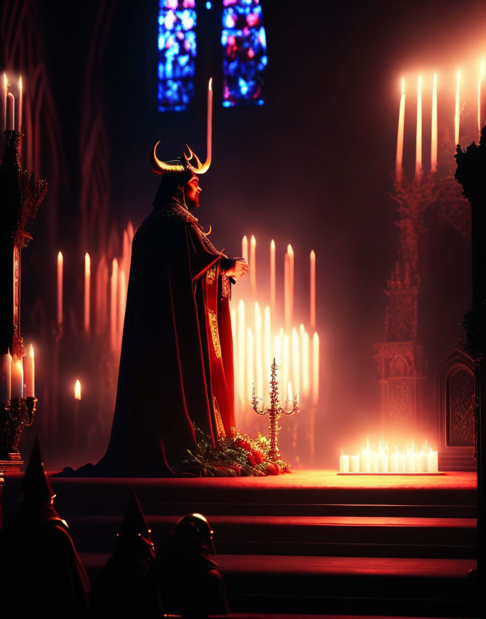 Horned figure in cloak holding glowing object in Gothic cathedral