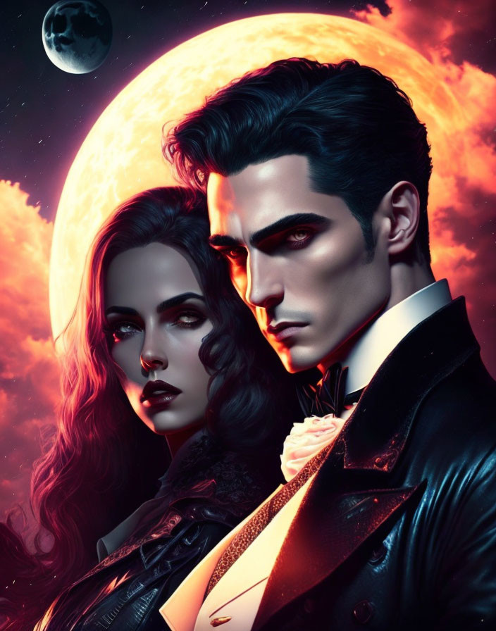 Male and female vampires in moonlit night sky scene