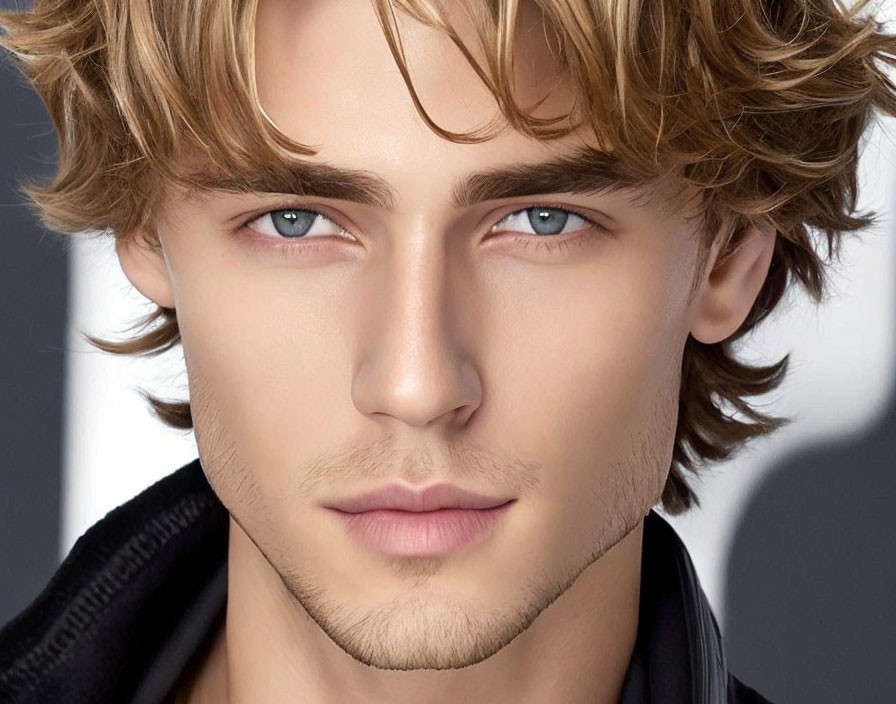 Young man with wavy blond hair and blue eyes in black jacket