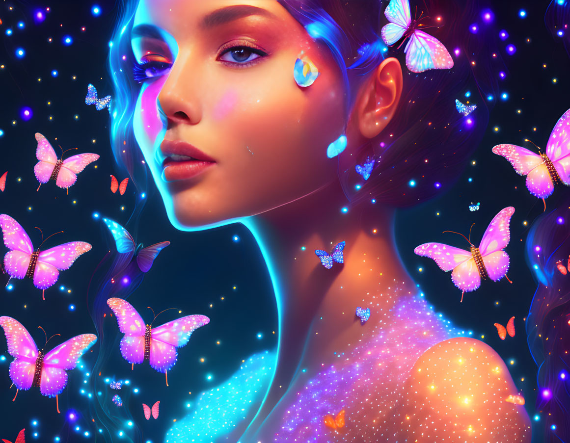 Digital artwork: Woman with glowing butterflies on starry background