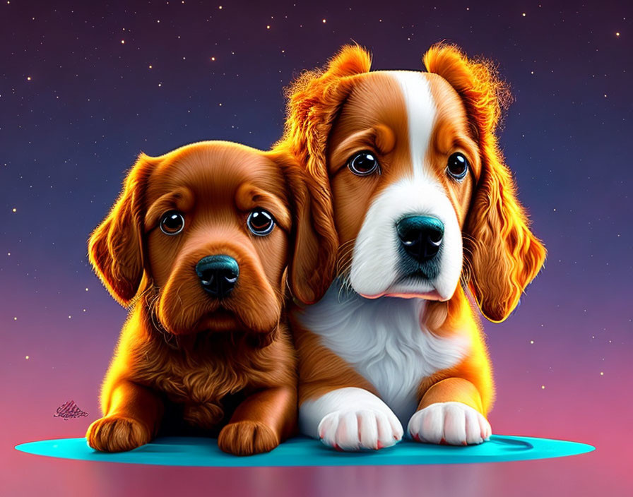 Colorful Cartoon-Style Illustrated Puppies on Starry Background