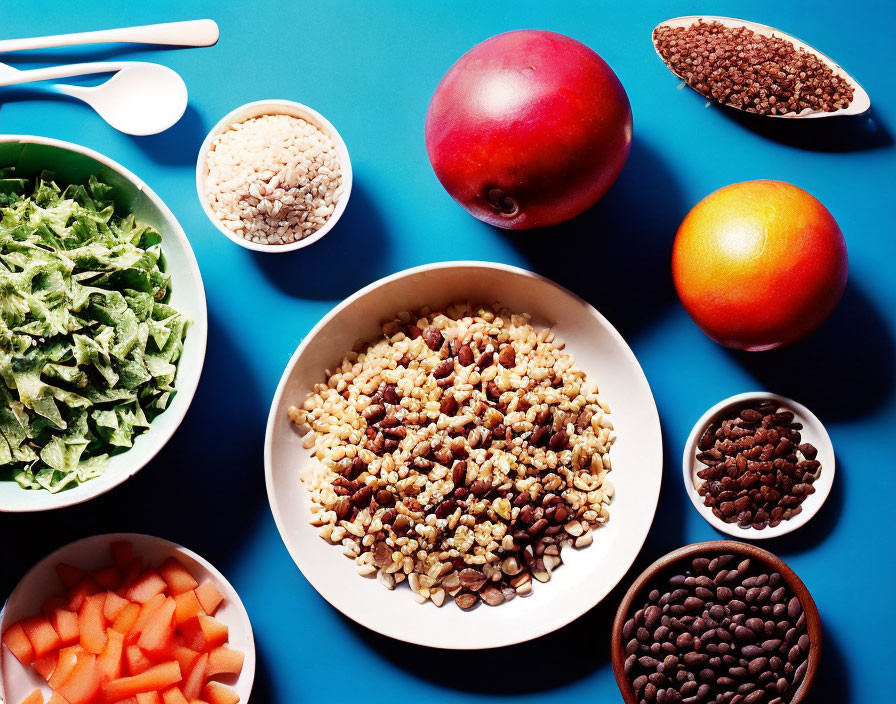 Assorted healthy foods on blue background with white spoons