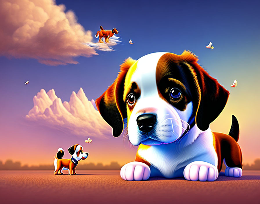 Vibrant sunset scene with cute puppy, butterflies, dog, and horse