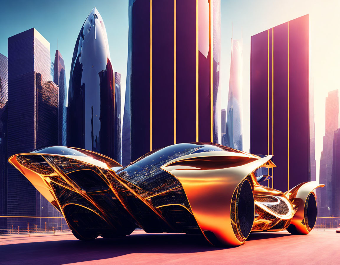 Futuristic orange sports car in urban setting at sunset